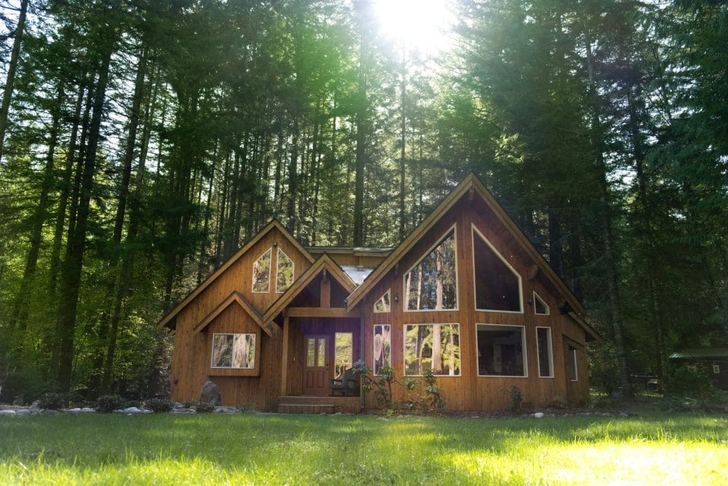 How to become a successful Airbnb host: An Airbnb wooden cabin at the edge of a forest in the sunlight.