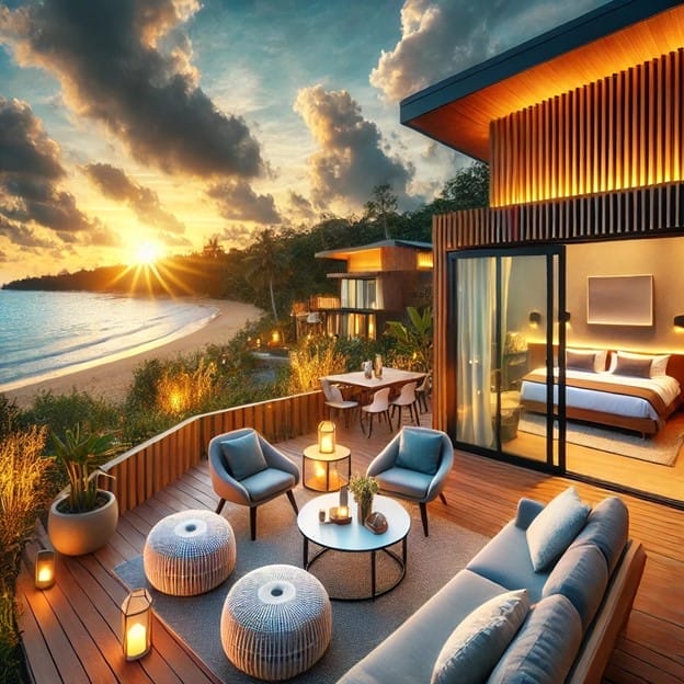 Modern beachside villa at sunset with open wooden deck, cozy seating area, outdoor dining table, and illuminated interior bedroom. Surrounded by lush greenery, it offers a serene view of the ocean and sunlit sky.