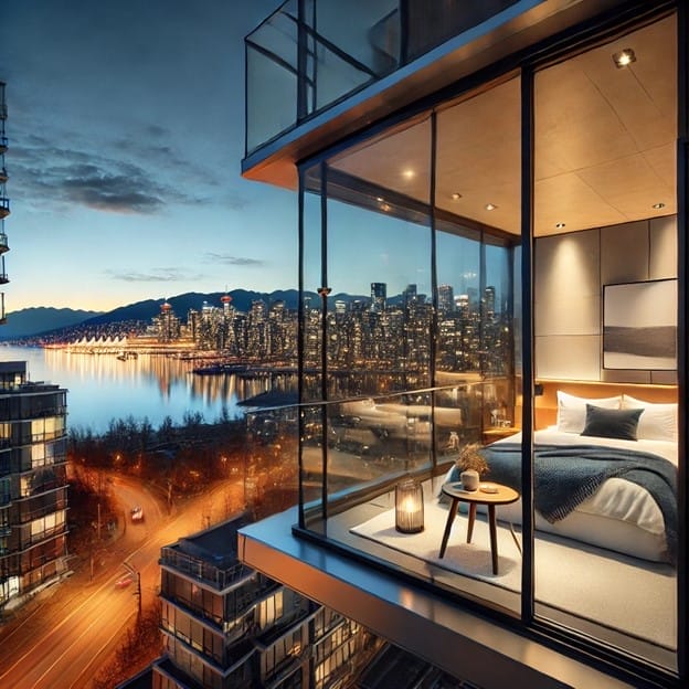 Modern bedroom with floor-to-ceiling windows overlooking a vibrant city skyline and waterfront at dusk. The cozy interior features a neatly made bed and a small bedside table with a lantern, creating a serene and luxurious ambiance.