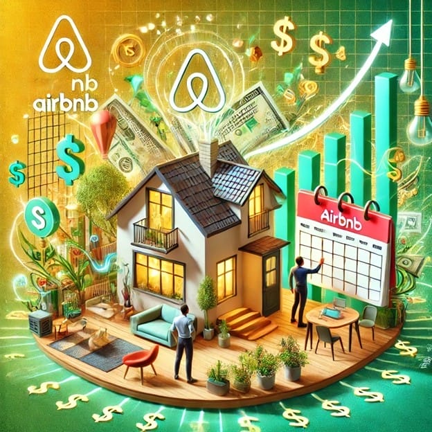 A vibrant illustration of a house surrounded by money, graphs, and dollar symbols. Two figures stand nearby, one holding a tablet and the other pointing to a calendar with the Airbnb logo, indicating financial growth.