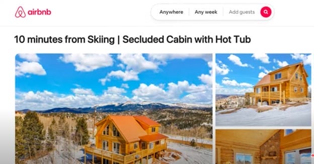 A listing on Airbnb shows a secluded cabin with an orange roof set in a snowy landscape. Images include the cabin exterior, surrounded by trees and mountains, and a cozy wooden interior. The banner advertises proximity to skiing and a hot tub.