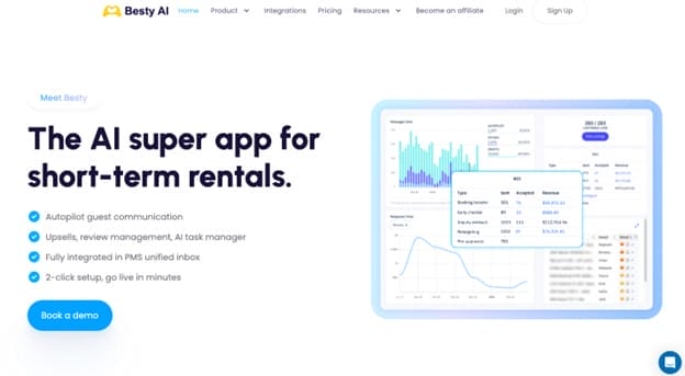 Screenshot of Besty AI's homepage featuring an AI app for short-term rentals. Includes features like autopilot guest communication and revenue management. A demo button is visible, alongside a software interface displaying analytics and bookings.