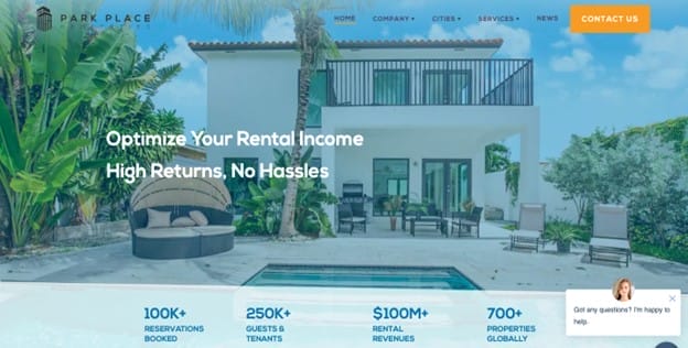 A modern two-story house with a pool in the foreground. The text reads, "Optimize Your Rental Income Like Hotel Revenue Management. High Returns, No Hassles." Stats at the bottom include 100K+ reservations, 250K+ guests & tenants, $100M+ in rental revenues, and 700+ properties globally.