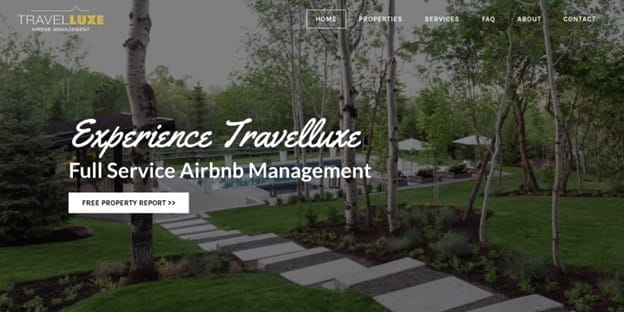 A lush garden with a paved walkway leading to a swimming pool surrounded by trees and lounge chairs. Text overlay reads: "Experience Travelluxe - Full Service Airbnb Management with expert Hotel Revenue Management strategies. Free Property Report.