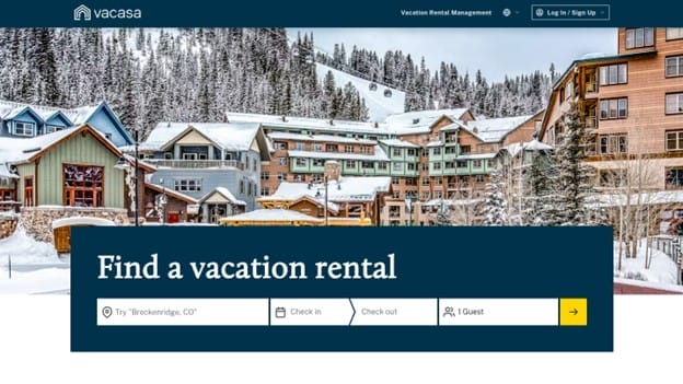 The image captures a snowy mountain village with vibrant buildings nestled among snow-covered trees. The Vacasa website is displayed, offering options to find a vacation rental while seamlessly incorporating hotel revenue management strategies through fields for location, check-in, check-out, and guest details.