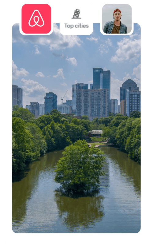 A serene cityscape view with a pond flanked by trees and tall buildings under a cloudy sky. The banner showcases the Airbnb logo, "Top cities," and a profile picture of someone in a hat, highlighting innovative strategies like revenue management for rental arbitrage.