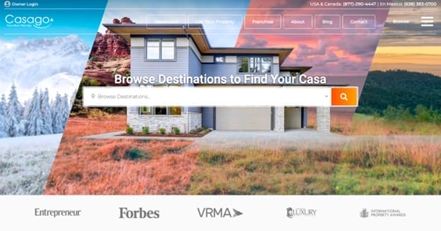 A modern house stands before red rock formations and fields, overlaid with a search bar reading "Browse Destinations to Find Your Casa" on the Casago website, known among Vacation Rental Management Companies in Canada. Brand logos appear at the bottom.