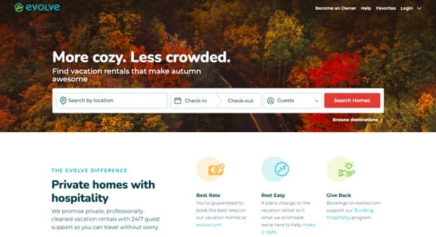 A website homepage with a search bar over a fall forest scene. Text reads “More cozy. Less crowded.” and promotes vacation rentals by Vacation Rental Management Companies in Canada. Buttons allow searching by location, check-in, and guests. Service features shown below.
