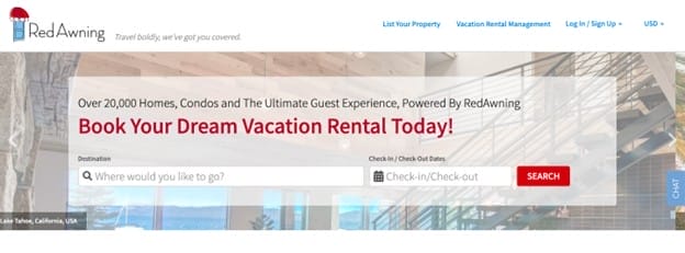 Screenshot of the RedAwning website homepage, featuring a search bar for vacation rentals and a large banner reading "Book Your Dream Vacation Rental Today!" Discover options from top Vacation Rental Management Companies in Canada with a Lake Tahoe image in the background.