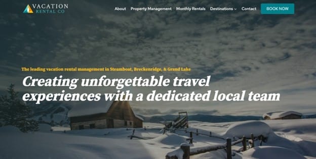 A website banner for Vacation Rental Co, one of the top Vacation Rental Management Companies in Canada, featuring snowy cabins in a mountainous landscape with text: "Creating unforgettable travel experiences with a dedicated local team.