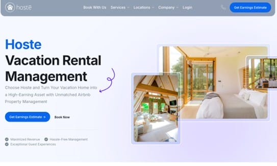 Screenshot of a website for "Hoste Vacation Rental Management," one of the leading Vacation Rental Management Companies in Canada, featuring bright, modern room photos, a blue and white theme, and a call-to-action to get an earnings estimate or book services.