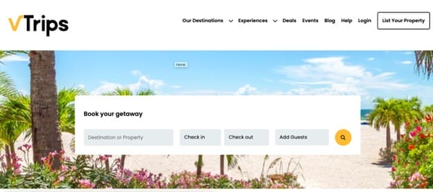 Website homepage for "vTrips" shows a beach scene with palm trees and flowers. A booking form is centered, with fields for destination, check-in, check-out, and guest info. Discover top Vacation Rental Management Companies in Canada or list your property today.
